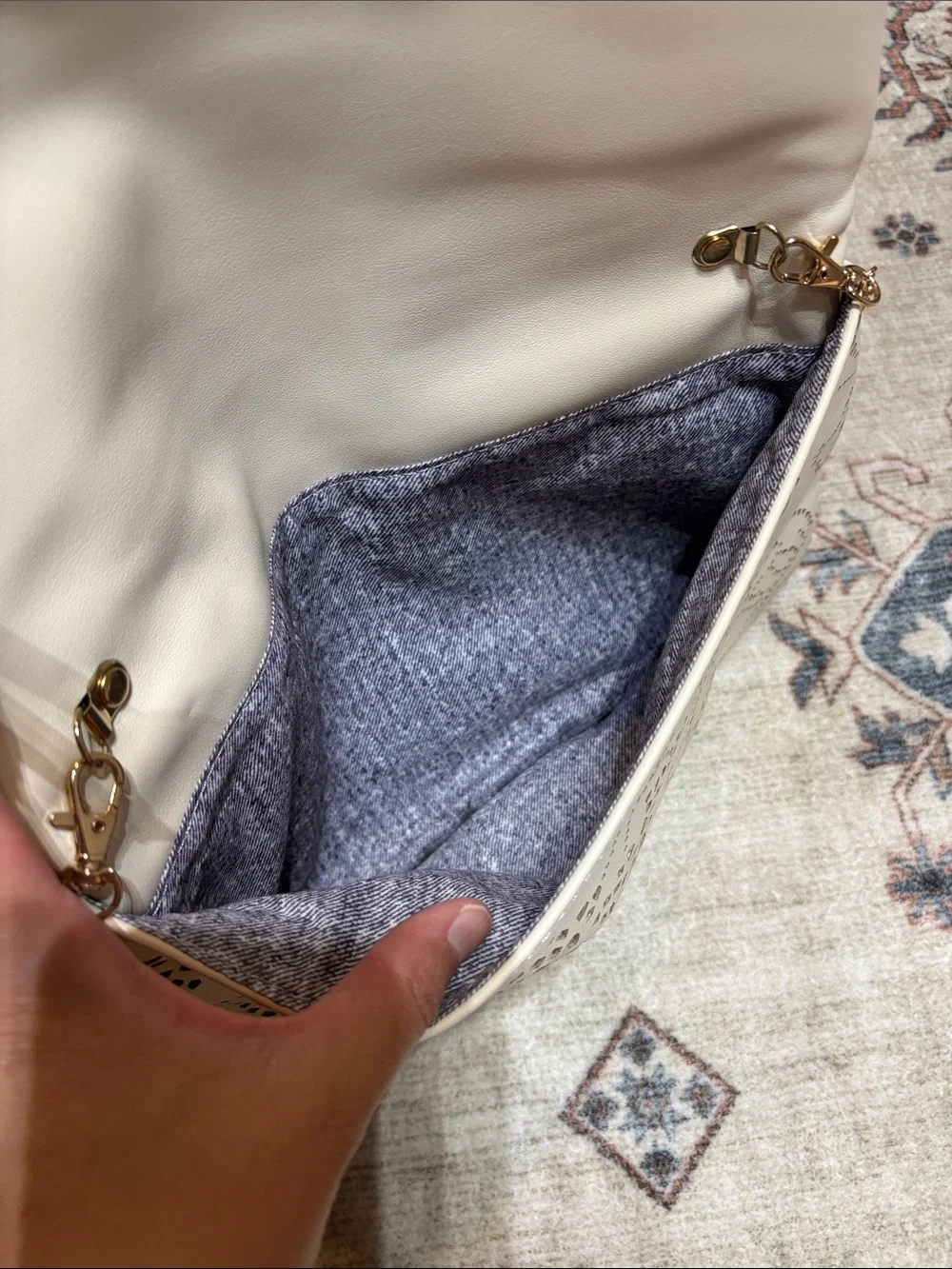 Perforated Cream Fold-Over Crossbody Bag with Gold Chain